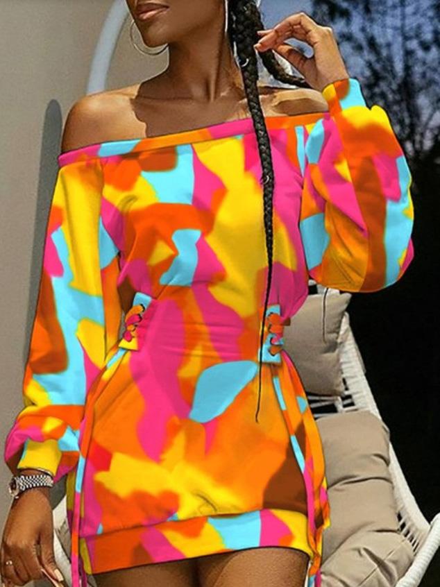 Women's Dresses Off-The-Shoulder Printed Drawstring Cool Long Sleeve Dress - Mini Dresses - INS | Online Fashion Free Shipping Clothing, Dresses, Tops, Shoes - 23/09/2021 - 30-40 - Casual Dresses