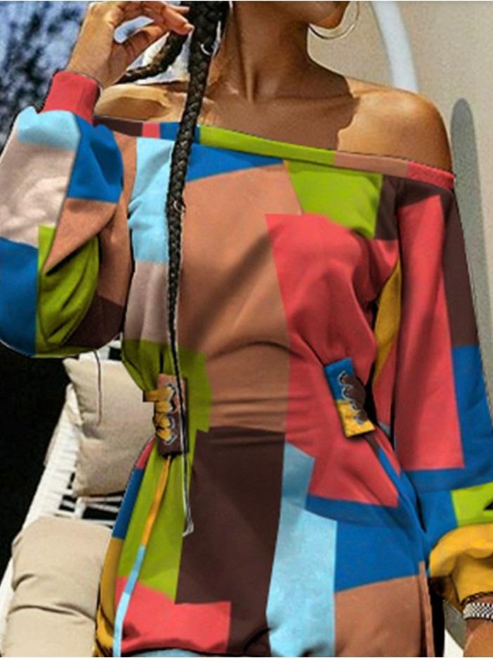 Women's Dresses Off-The-Shoulder Printed Drawstring Cool Long Sleeve Dress - Mini Dresses - INS | Online Fashion Free Shipping Clothing, Dresses, Tops, Shoes - 23/09/2021 - 30-40 - Casual Dresses