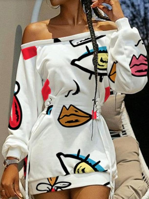 Women's Dresses Off-The-Shoulder Printed Drawstring Cool Long Sleeve Dress - Mini Dresses - INS | Online Fashion Free Shipping Clothing, Dresses, Tops, Shoes - 23/09/2021 - 30-40 - Casual Dresses