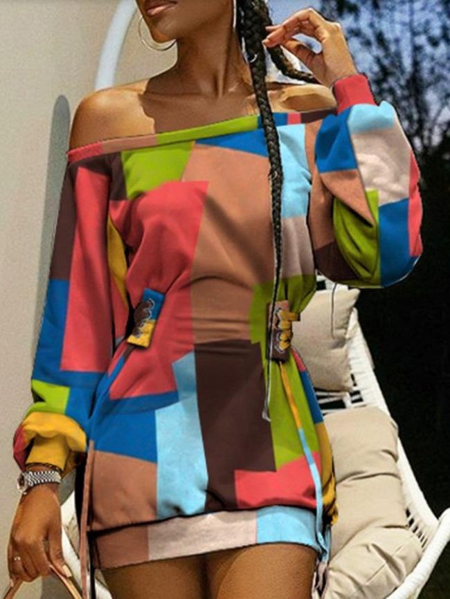 Women's Dresses Off-The-Shoulder Printed Drawstring Cool Long Sleeve Dress - Mini Dresses - INS | Online Fashion Free Shipping Clothing, Dresses, Tops, Shoes - 23/09/2021 - 30-40 - Casual Dresses