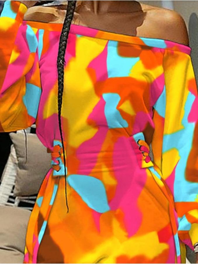 Women's Dresses Off-The-Shoulder Printed Drawstring Cool Long Sleeve Dress - Mini Dresses - INS | Online Fashion Free Shipping Clothing, Dresses, Tops, Shoes - 23/09/2021 - 30-40 - Casual Dresses