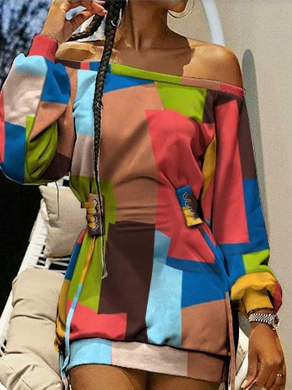Women's Dresses Off-The-Shoulder Printed Drawstring Cool Long Sleeve Dress - Mini Dresses - INS | Online Fashion Free Shipping Clothing, Dresses, Tops, Shoes - 23/09/2021 - 30-40 - Casual Dresses