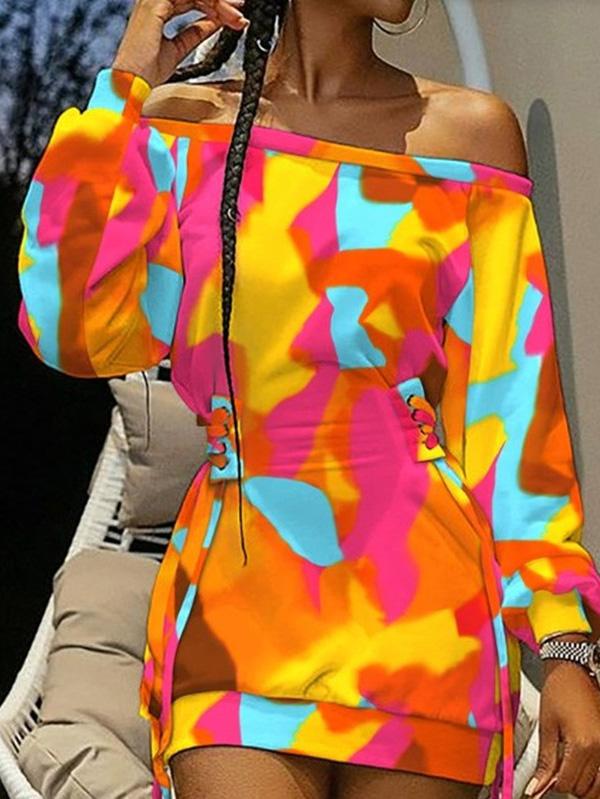 Women's Dresses Off-The-Shoulder Printed Drawstring Cool Long Sleeve Dress - Mini Dresses - INS | Online Fashion Free Shipping Clothing, Dresses, Tops, Shoes - 23/09/2021 - 30-40 - Casual Dresses