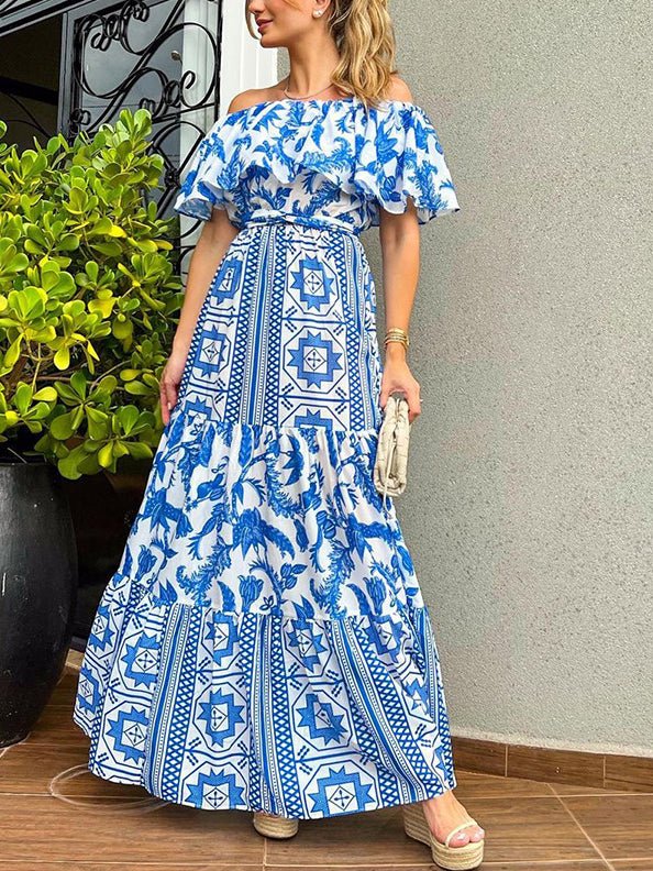 Women's Dresses One-Shoulder Boho Print Dress - Maxi Dresses - Instastyled | Online Fashion Free Shipping Clothing, Dresses, Tops, Shoes - 08/02/2022 - 40-50 - color-blue