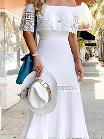 Women's Dresses One-Shoulder Lace Panel Hollow Dress - Maxi Dresses - Instastyled | Online Fashion Free Shipping Clothing, Dresses, Tops, Shoes - 22/01/2022 - color-white - Color_White