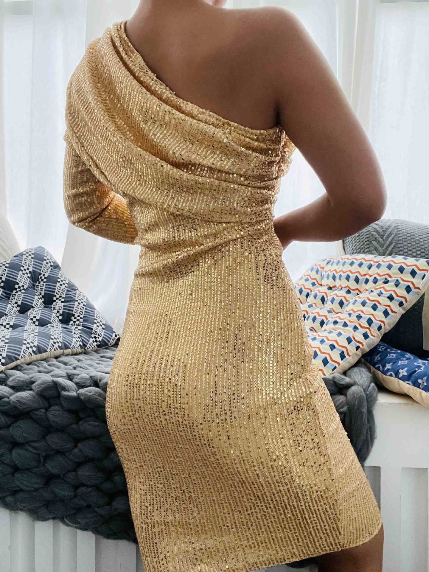 Women's Dresses One Shoulder Long Sleeve Slim Fit Shiny Dress - Mini Dresses - Instastyled | Online Fashion Free Shipping Clothing, Dresses, Tops, Shoes - 16/02/2022 - Bodycon Dresses - color-one-set5-pcs