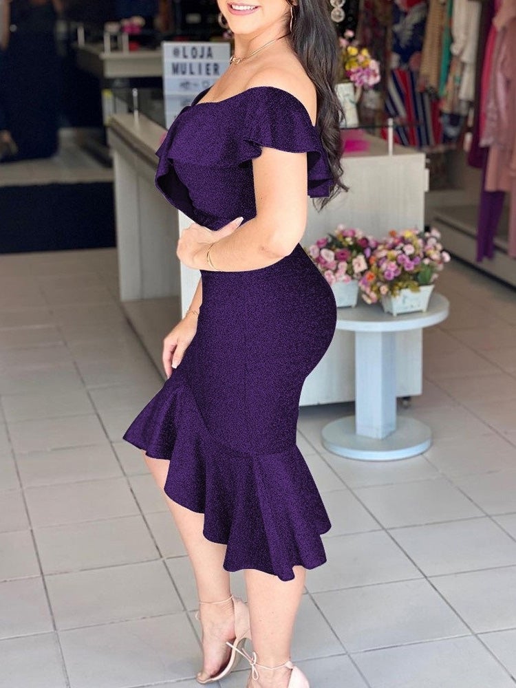 Women's Dresses One Word Collar Ruffled Hollow Tight Dress - Midi Dresses - Instastyled | Online Fashion Free Shipping Clothing, Dresses, Tops, Shoes - 05/01/2022 - 30-40 - color-champagne