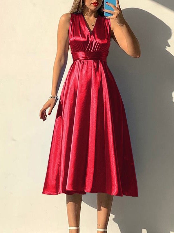 Women's Dresses Plain Belted V-Neck Bare Back Dress - Midi Dresses - Instastyled | Online Fashion Free Shipping Clothing, Dresses, Tops, Shoes - 17/12/2021 - 40-50 - color-blue