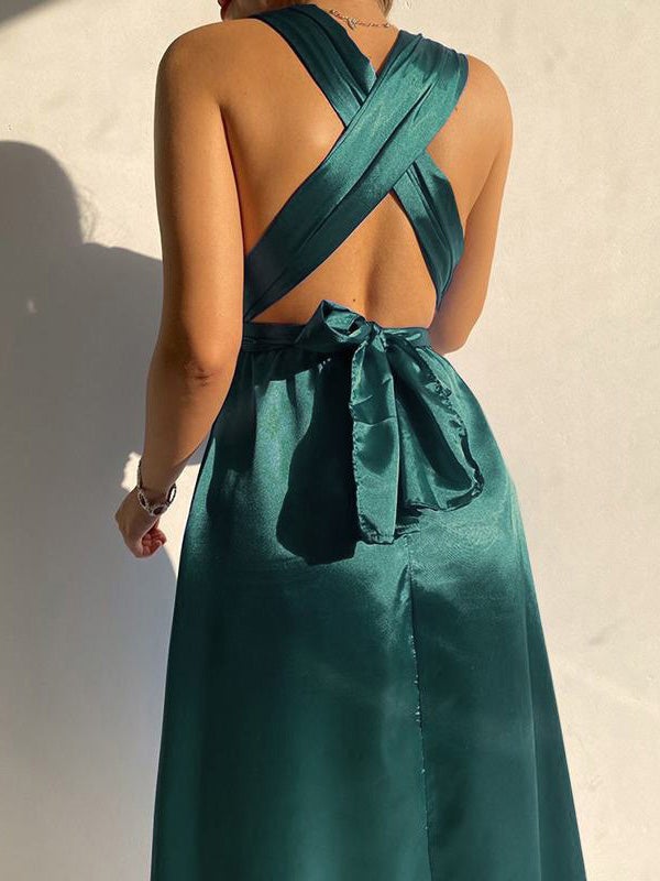 Women's Dresses Plain Belted V-Neck Bare Back Dress - Midi Dresses - Instastyled | Online Fashion Free Shipping Clothing, Dresses, Tops, Shoes - 17/12/2021 - 40-50 - color-blue