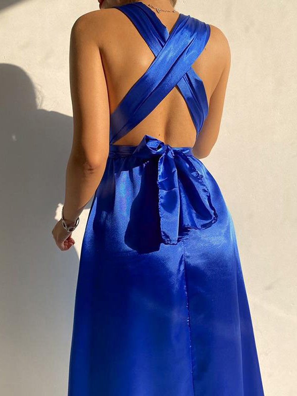 Women's Dresses Plain Belted V-Neck Bare Back Dress - Midi Dresses - Instastyled | Online Fashion Free Shipping Clothing, Dresses, Tops, Shoes - 17/12/2021 - 40-50 - color-blue