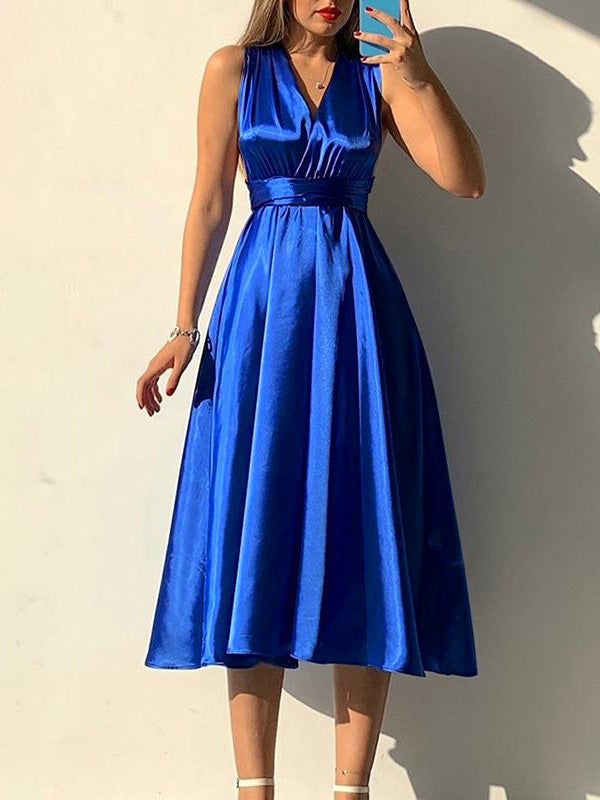 Women's Dresses Plain Belted V-Neck Bare Back Dress - Midi Dresses - Instastyled | Online Fashion Free Shipping Clothing, Dresses, Tops, Shoes - 17/12/2021 - 40-50 - color-blue