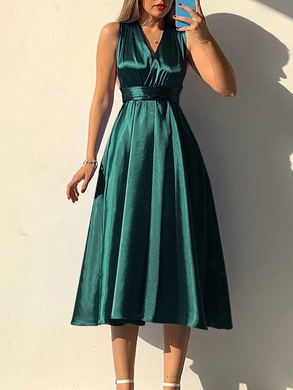 Women's Dresses Plain Belted V-Neck Bare Back Dress - Midi Dresses - Instastyled | Online Fashion Free Shipping Clothing, Dresses, Tops, Shoes - 17/12/2021 - 40-50 - color-blue