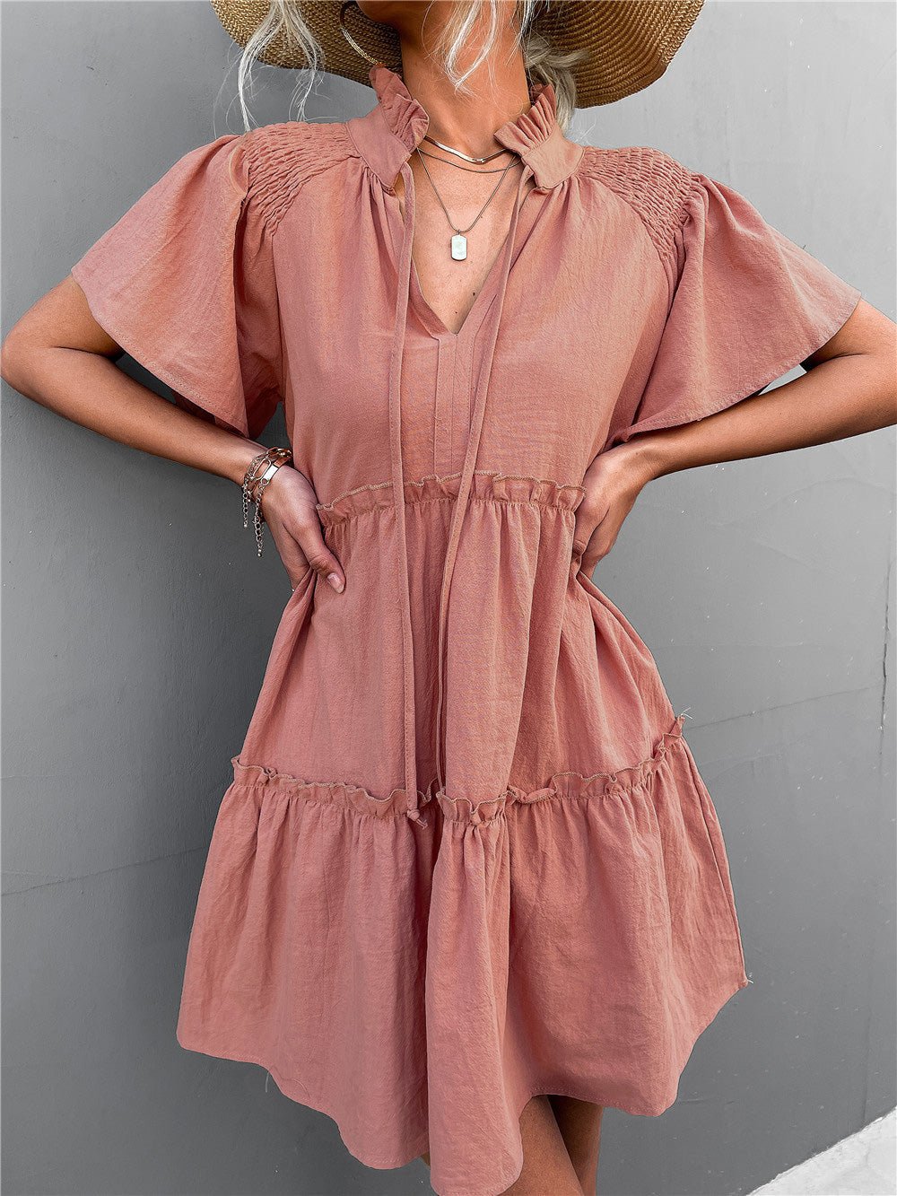 Women's Dresses Pleated Belted V-Neck Short Sleeve Dress - Mini Dresses - Instastyled | Online Fashion Free Shipping Clothing, Dresses, Tops, Shoes - 21/02/2022 - 40-50 - color-apricot