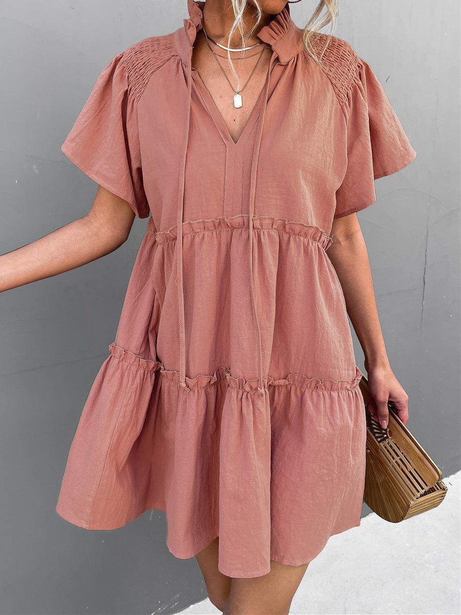 Women's Dresses Pleated Belted V-Neck Short Sleeve Dress - Mini Dresses - Instastyled | Online Fashion Free Shipping Clothing, Dresses, Tops, Shoes - 21/02/2022 - 40-50 - color-apricot