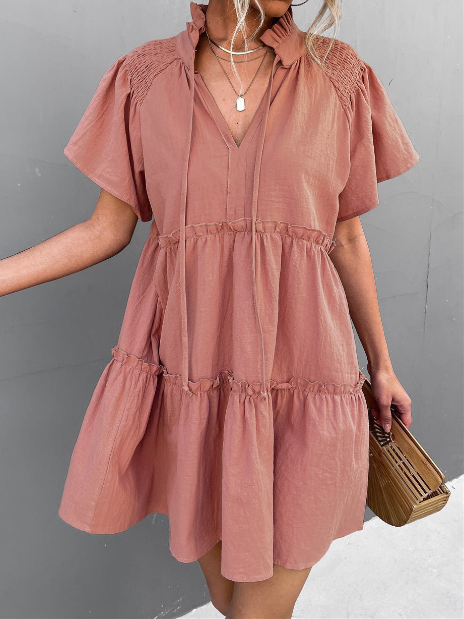 Women's Dresses Pleated Belted V-Neck Short Sleeve Dress - Mini Dresses - Instastyled | Online Fashion Free Shipping Clothing, Dresses, Tops, Shoes - 21/02/2022 - 40-50 - color-apricot