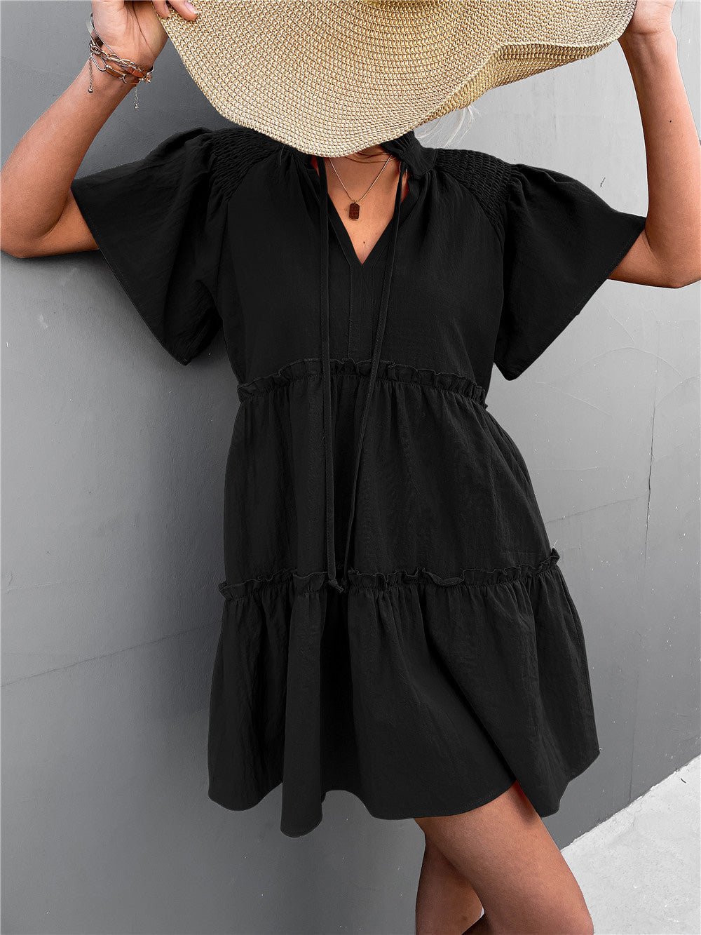 Women's Dresses Pleated Belted V-Neck Short Sleeve Dress - Mini Dresses - Instastyled | Online Fashion Free Shipping Clothing, Dresses, Tops, Shoes - 21/02/2022 - 40-50 - color-apricot