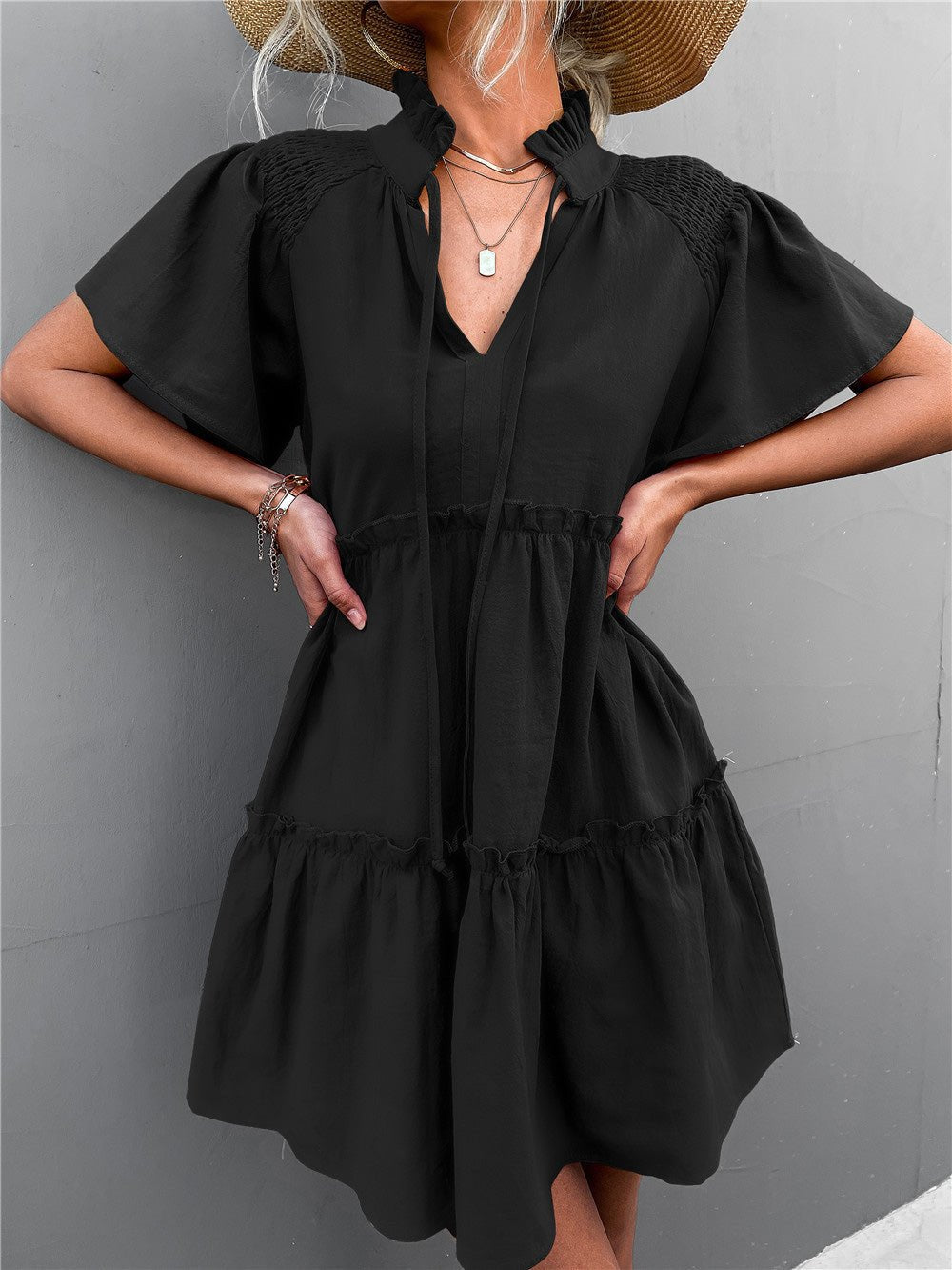 Women's Dresses Pleated Belted V-Neck Short Sleeve Dress - Mini Dresses - Instastyled | Online Fashion Free Shipping Clothing, Dresses, Tops, Shoes - 21/02/2022 - 40-50 - color-apricot