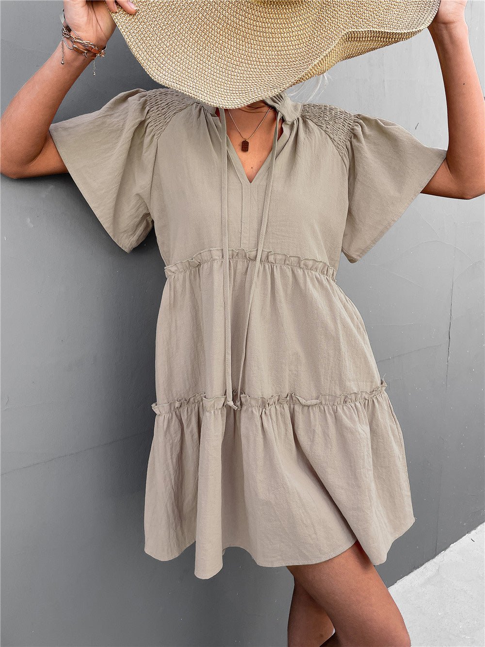 Women's Dresses Pleated Belted V-Neck Short Sleeve Dress - Mini Dresses - Instastyled | Online Fashion Free Shipping Clothing, Dresses, Tops, Shoes - 21/02/2022 - 40-50 - color-apricot