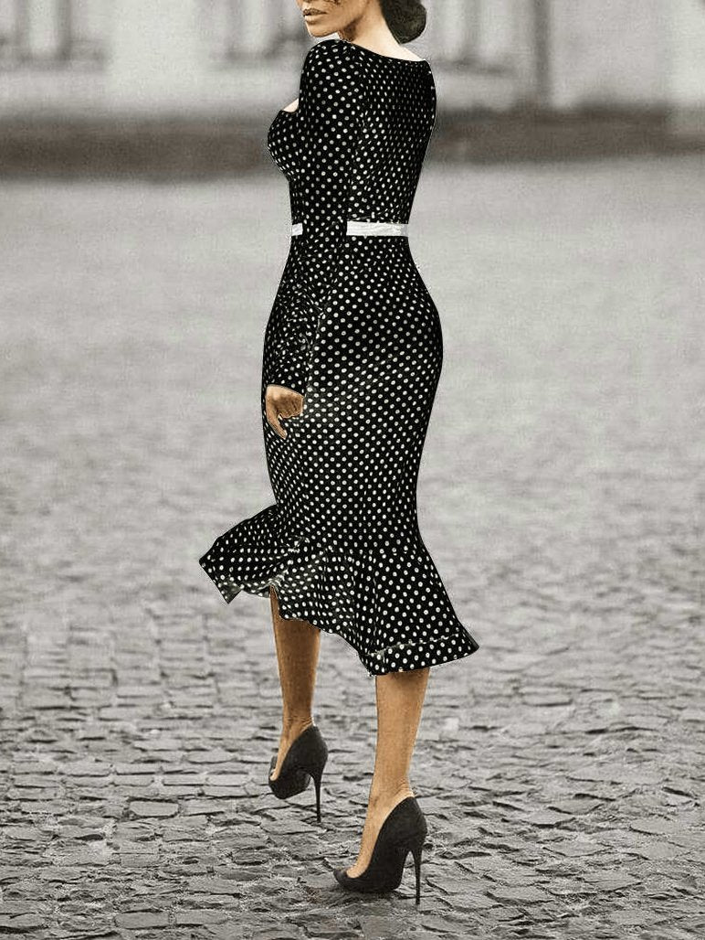 Women's Dresses Polka Dot Long Sleeve Mermaid Tight Dress - Midi Dresses - INS | Online Fashion Free Shipping Clothing, Dresses, Tops, Shoes - 25/10/2021 - 30-40 - color-black