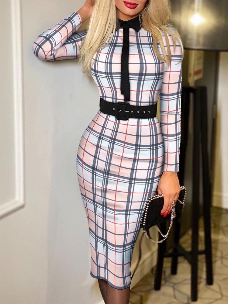 Women's Dresses Printed Belt Long Sleeve Tight Dress - Midi Dresses - Instastyled | Online Fashion Free Shipping Clothing, Dresses, Tops, Shoes - 02/12/2021 - 30-40 - color-black