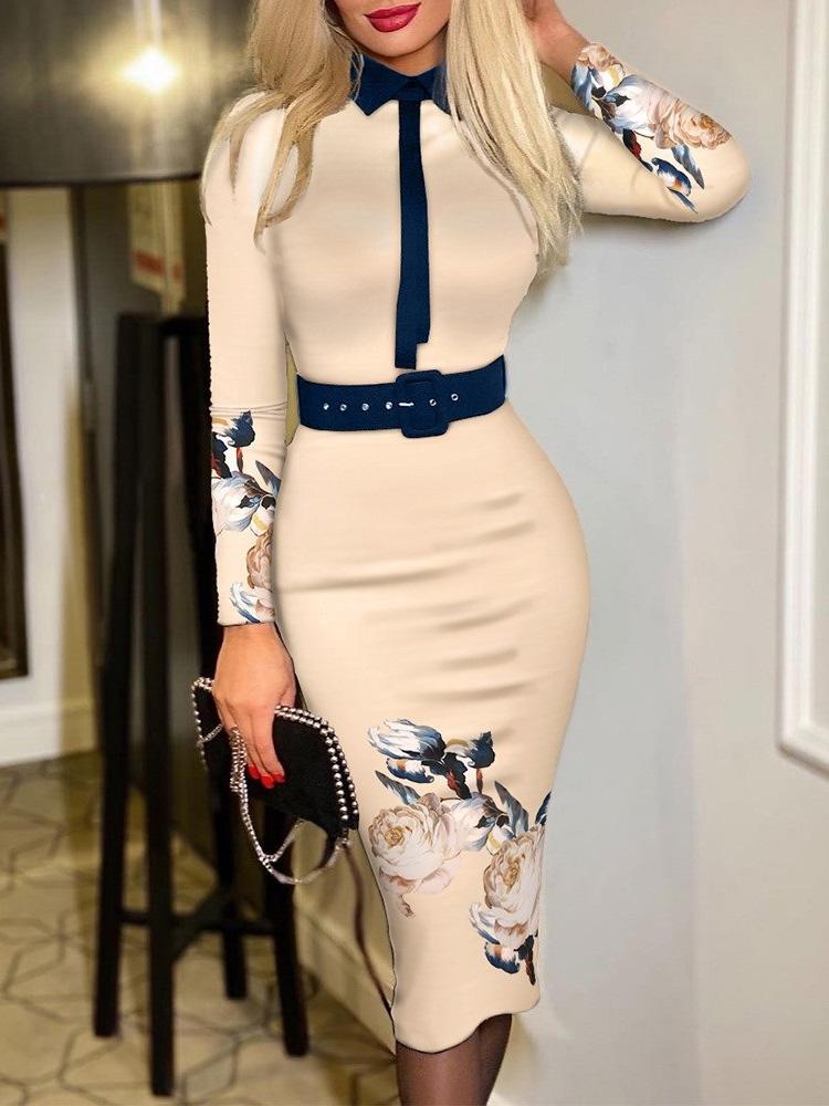 Women's Dresses Printed Belt Long Sleeve Tight Dress - Midi Dresses - Instastyled | Online Fashion Free Shipping Clothing, Dresses, Tops, Shoes - 02/12/2021 - 30-40 - color-black