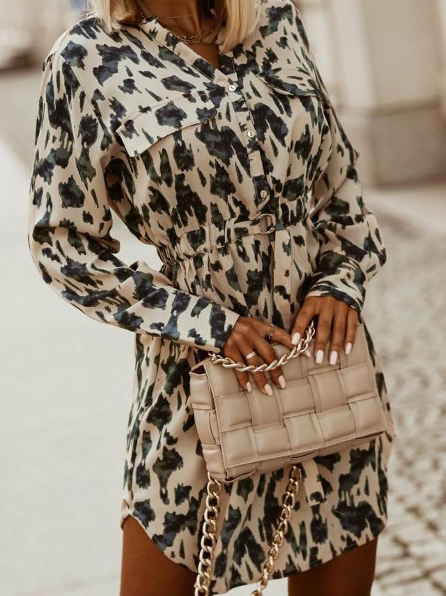 Women's Dresses Printed Belted Button Shirt Long Sleeve Dress - Mini Dresses - Instastyled | Online Fashion Free Shipping Clothing, Dresses, Tops, Shoes - 10/12/2021 - 30-40 - color-apricot