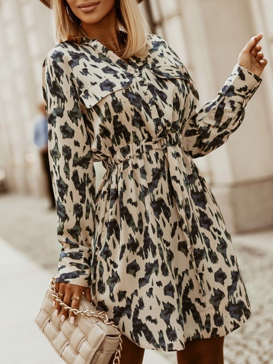 Women's Dresses Printed Belted Button Shirt Long Sleeve Dress - Mini Dresses - Instastyled | Online Fashion Free Shipping Clothing, Dresses, Tops, Shoes - 10/12/2021 - 30-40 - color-apricot