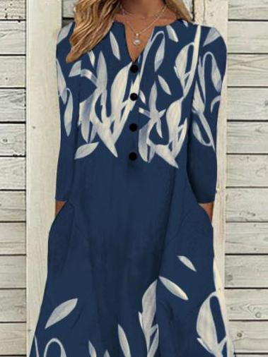 Women's Dresses Printed Button Pocket Long Sleeve Dress - Midi Dresses - INS | Online Fashion Free Shipping Clothing, Dresses, Tops, Shoes - 11/10/2021 - Color_Blue - DRE2110112727