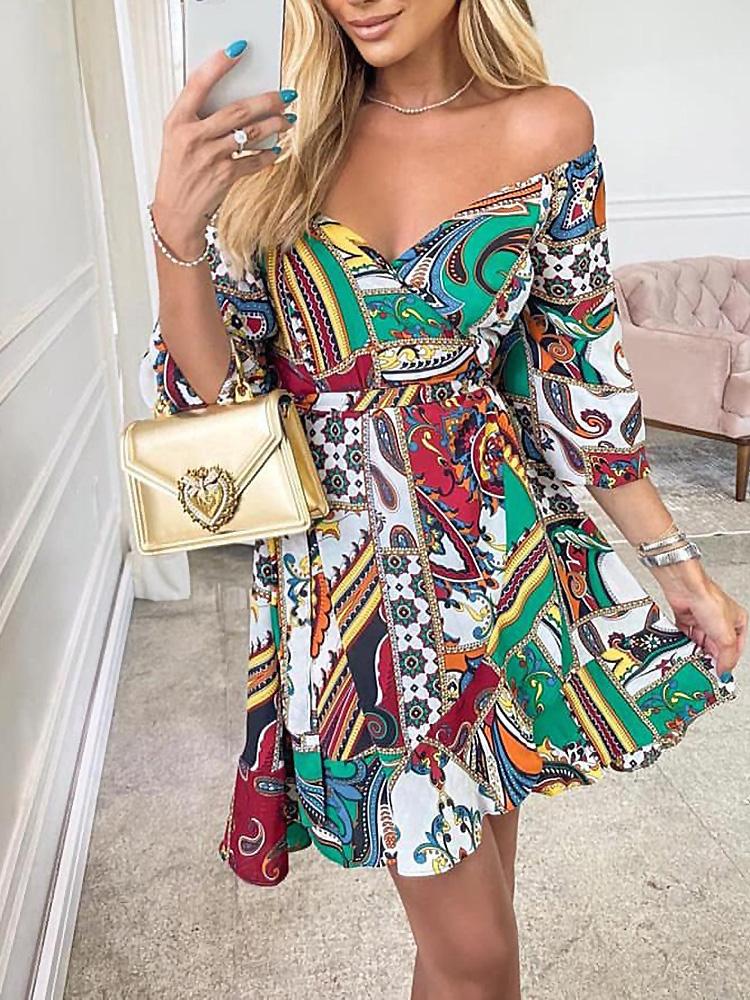 Women's Dresses Printed Deep V-Neck Belted Casual Dress - Mini Dresses - Instastyled | Online Fashion Free Shipping Clothing, Dresses, Tops, Shoes - 10/12/2021 - 30-40 - color-green