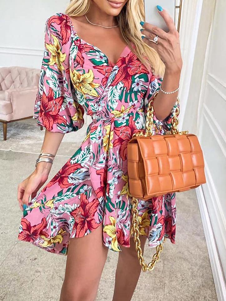 Women's Dresses Printed Deep V-Neck Belted Casual Dress - Mini Dresses - Instastyled | Online Fashion Free Shipping Clothing, Dresses, Tops, Shoes - 10/12/2021 - 30-40 - color-green