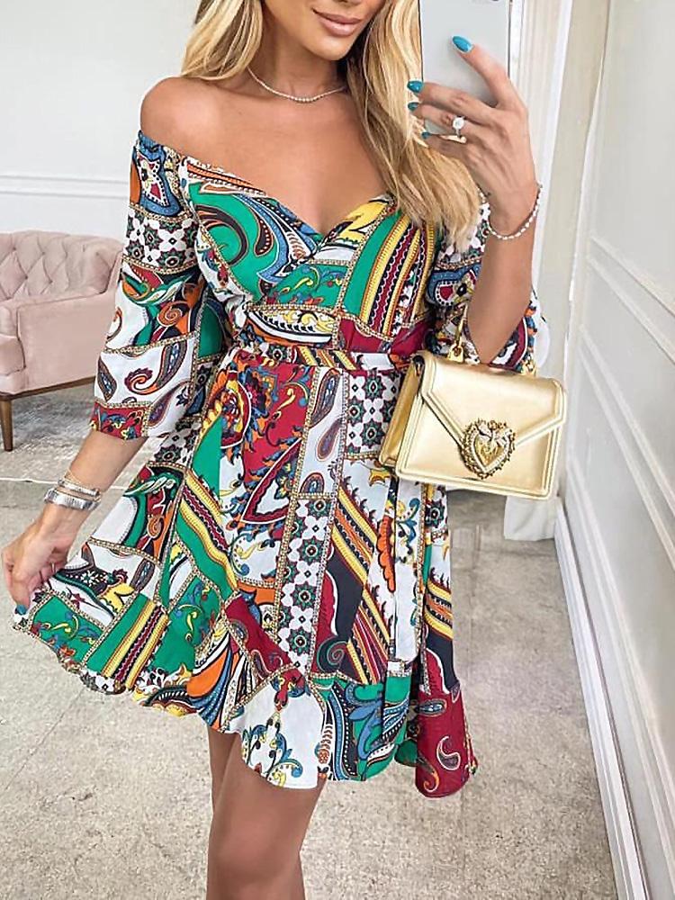 Women's Dresses Printed Deep V-Neck Belted Casual Dress - Mini Dresses - Instastyled | Online Fashion Free Shipping Clothing, Dresses, Tops, Shoes - 10/12/2021 - 30-40 - color-green