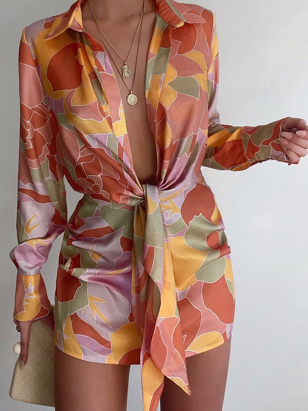 Women's Dresses Printed Deep V-Neck Belted Long Sleeve Dress - Mini Dresses - Instastyled | Online Fashion Free Shipping Clothing, Dresses, Tops, Shoes - 21/02/2022 - 40-50 - color-blue