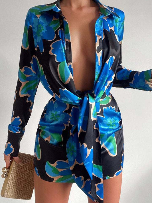 Women's Dresses Printed Deep V-Neck Belted Long Sleeve Dress - Mini Dresses - Instastyled | Online Fashion Free Shipping Clothing, Dresses, Tops, Shoes - 21/02/2022 - 40-50 - color-blue