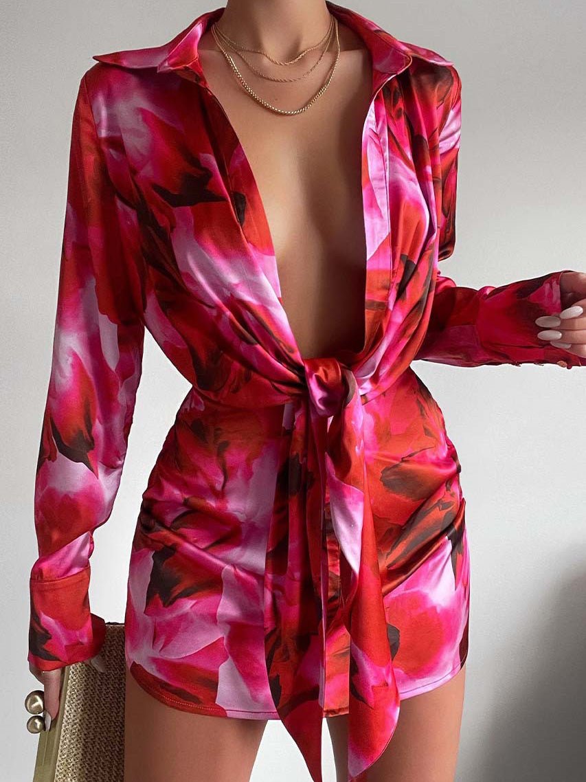 Women's Dresses Printed Deep V-Neck Belted Long Sleeve Dress - Mini Dresses - Instastyled | Online Fashion Free Shipping Clothing, Dresses, Tops, Shoes - 21/02/2022 - 40-50 - color-blue