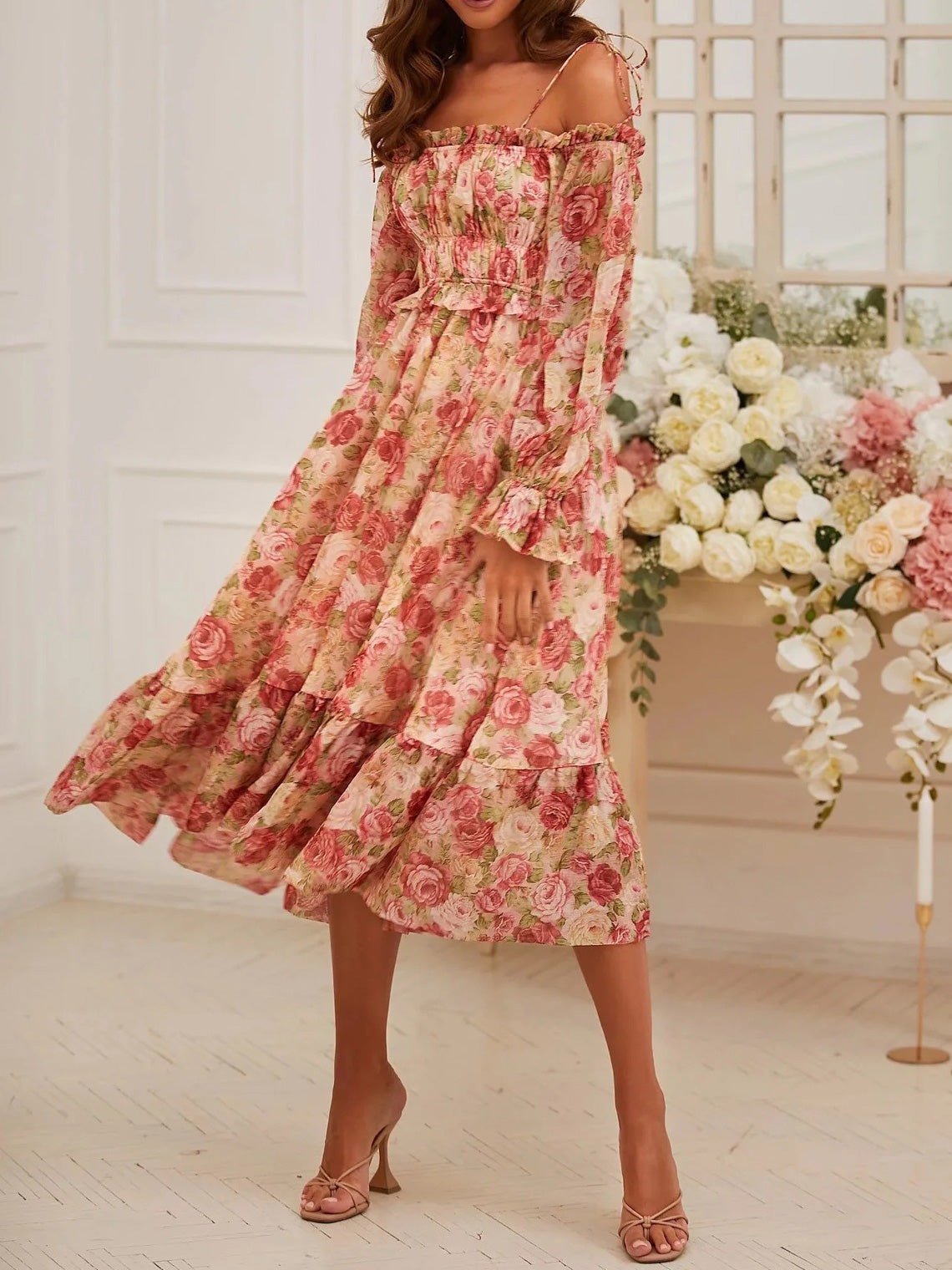 Women's Dresses Printed Panel Ruffle Long Sleeve Slip Dress - Midi Dresses - Instastyled | Online Fashion Free Shipping Clothing, Dresses, Tops, Shoes - 11/02/2022 - color-pink - Color_Pink