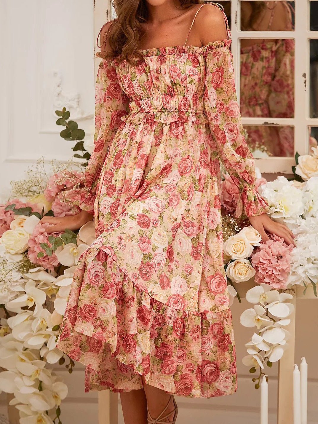 Women's Dresses Printed Panel Ruffle Long Sleeve Slip Dress - Midi Dresses - Instastyled | Online Fashion Free Shipping Clothing, Dresses, Tops, Shoes - 11/02/2022 - color-pink - Color_Pink