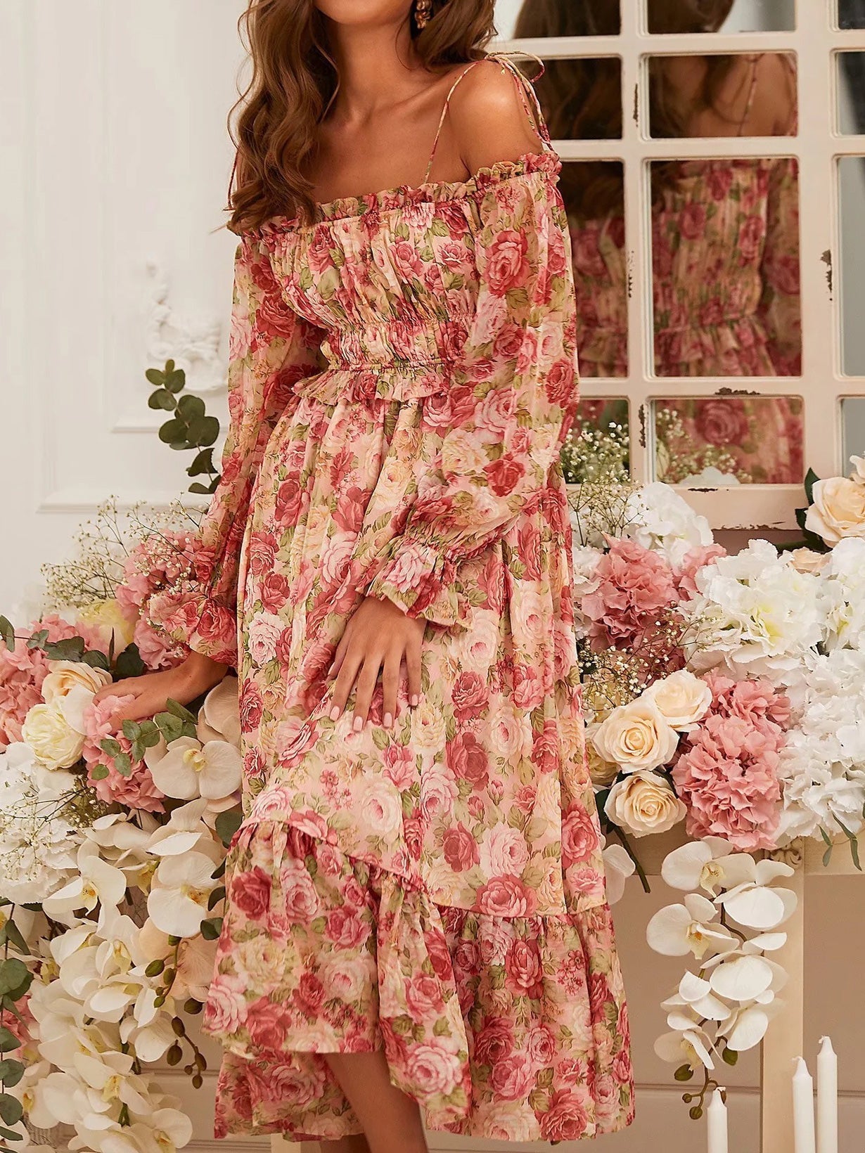 Women's Dresses Printed Panel Ruffle Long Sleeve Slip Dress - Midi Dresses - Instastyled | Online Fashion Free Shipping Clothing, Dresses, Tops, Shoes - 11/02/2022 - color-pink - Color_Pink