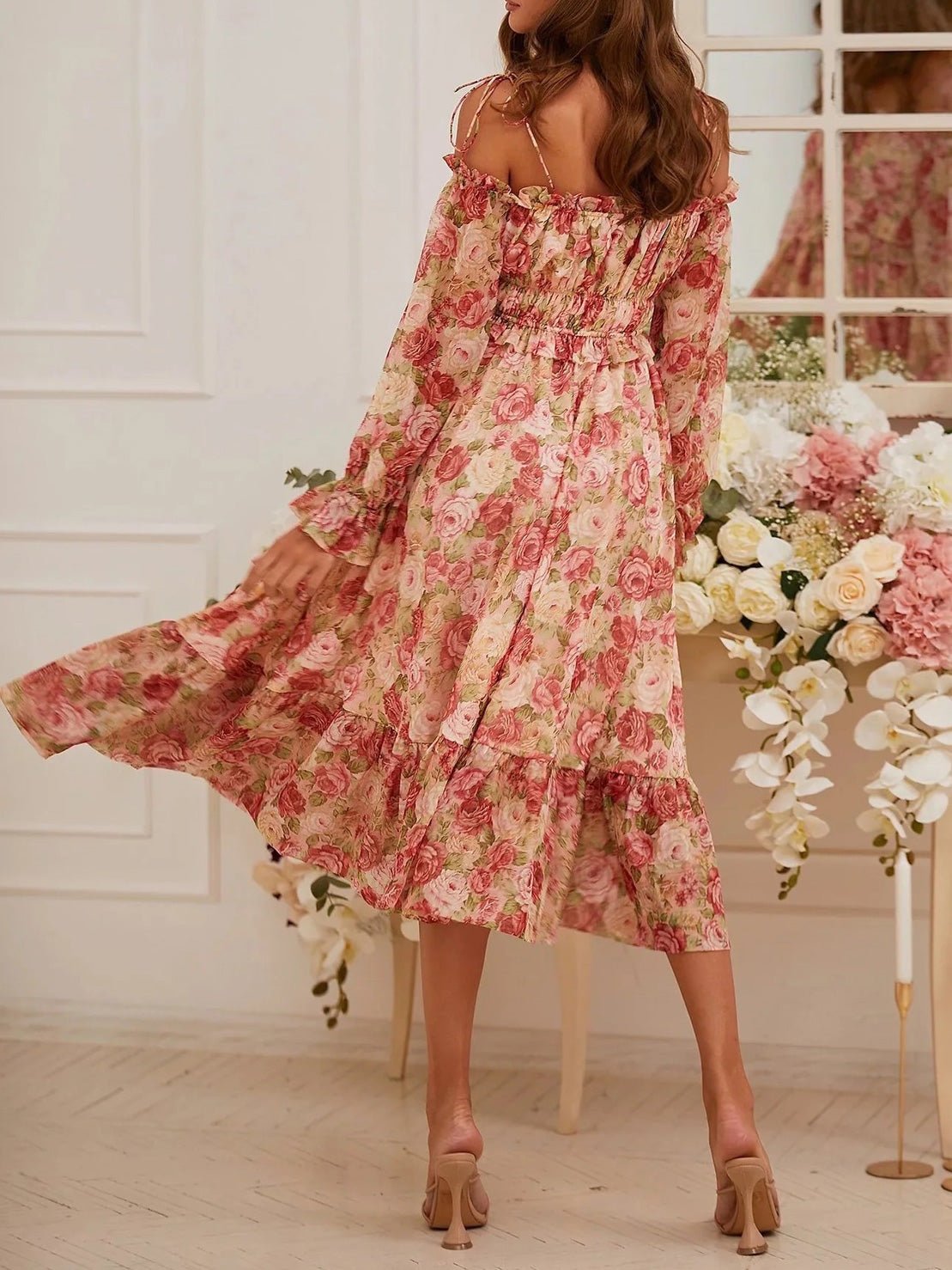 Women's Dresses Printed Panel Ruffle Long Sleeve Slip Dress - Midi Dresses - Instastyled | Online Fashion Free Shipping Clothing, Dresses, Tops, Shoes - 11/02/2022 - color-pink - Color_Pink
