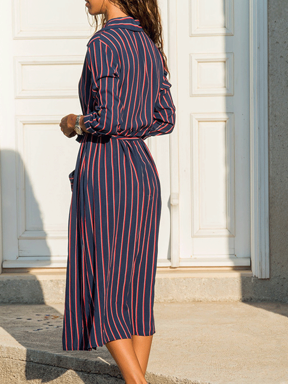 Women's Dresses Printed Pocket Belted Long Sleeve Dress - Midi Dresses - INS | Online Fashion Free Shipping Clothing, Dresses, Tops, Shoes - 06/11/2021 - 30-40 - color-blue