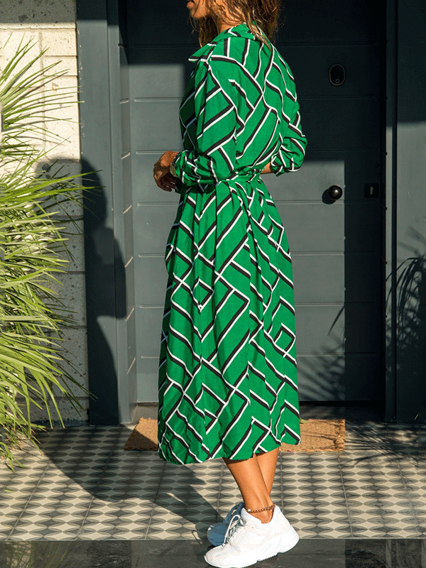 Women's Dresses Printed Pocket Belted Long Sleeve Dress - Midi Dresses - INS | Online Fashion Free Shipping Clothing, Dresses, Tops, Shoes - 06/11/2021 - 30-40 - color-blue