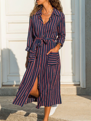 Women's Dresses Printed Pocket Belted Long Sleeve Dress - Midi Dresses - INS | Online Fashion Free Shipping Clothing, Dresses, Tops, Shoes - 06/11/2021 - 30-40 - color-blue