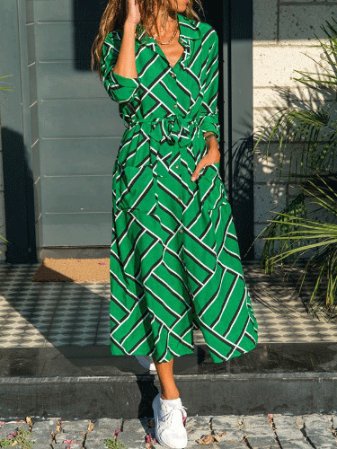 Women's Dresses Printed Pocket Belted Long Sleeve Dress - Midi Dresses - INS | Online Fashion Free Shipping Clothing, Dresses, Tops, Shoes - 06/11/2021 - 30-40 - color-blue