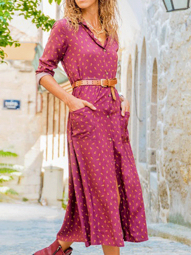 Women's Dresses Printed Pocket Belted Long Sleeve Dress - Midi Dresses - INS | Online Fashion Free Shipping Clothing, Dresses, Tops, Shoes - 06/11/2021 - 30-40 - color-blue