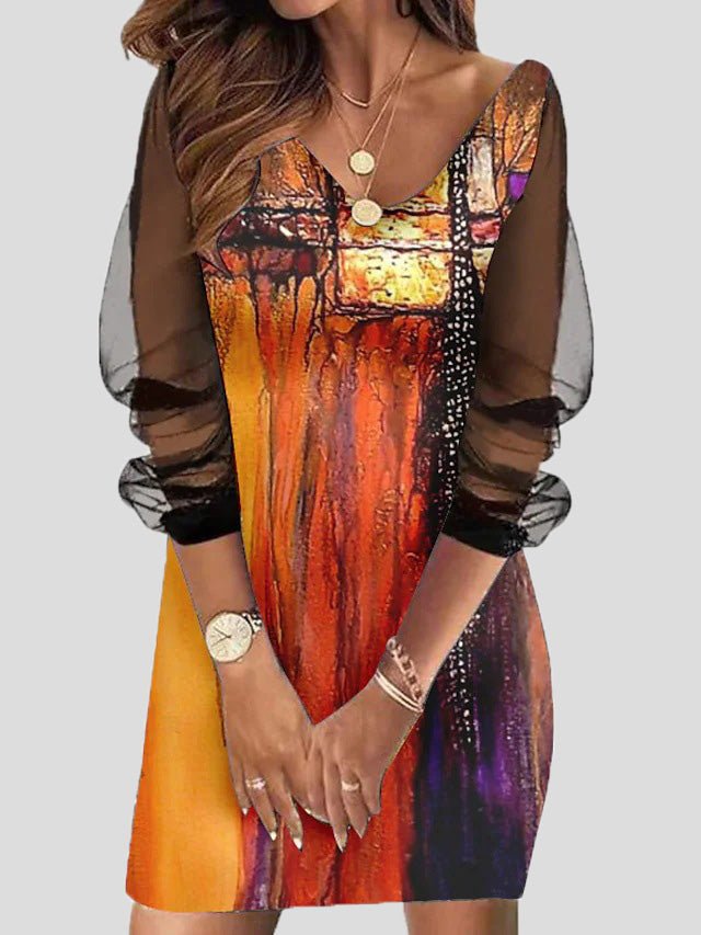 Women's Dresses Printed Slim Fit Mesh Long Sleeve Dress - Mini Dresses - Instastyled | Online Fashion Free Shipping Clothing, Dresses, Tops, Shoes - 20-30 - 25/02/2022 - Casual Dresses