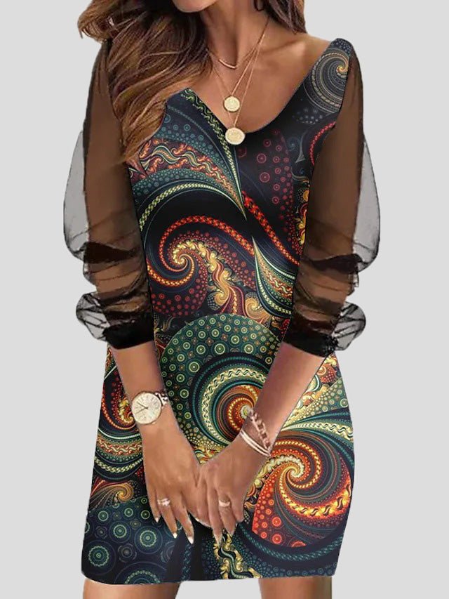 Women's Dresses Printed Slim Fit Mesh Long Sleeve Dress - Mini Dresses - Instastyled | Online Fashion Free Shipping Clothing, Dresses, Tops, Shoes - 20-30 - 25/02/2022 - Casual Dresses