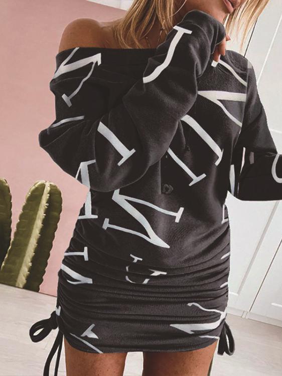 Women's Dresses Printed Sloping Shoulder Long Sleeve Drawstring Dress - Mini Dresses - INS | Online Fashion Free Shipping Clothing, Dresses, Tops, Shoes - 15/11/2021 - Color_Black - Color_Blue