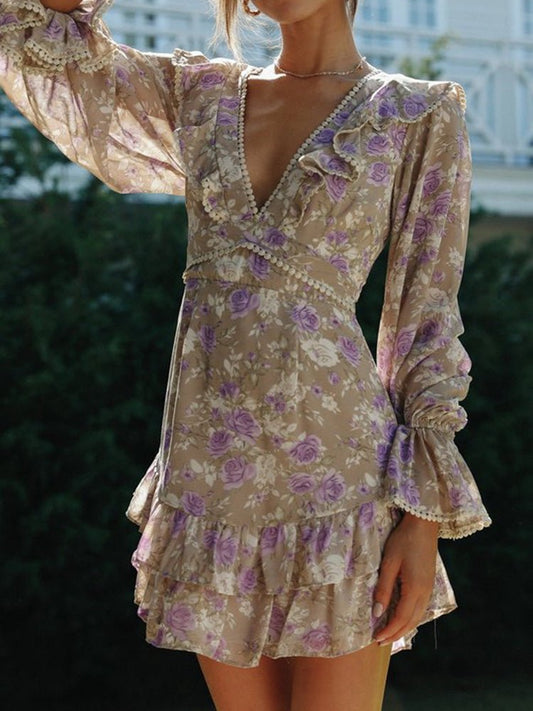 Women's Dresses Printed V-Neck Long-Sleeve Open-Back Lace-Up Dress - Mini Dresses - Instastyled | Online Fashion Free Shipping Clothing, Dresses, Tops, Shoes - 11/02/2022 - 40-50 - color-multi
