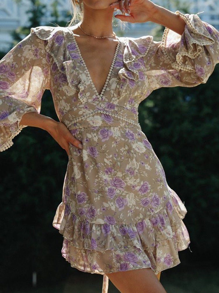 Women's Dresses Printed V-Neck Long-Sleeve Open-Back Lace-Up Dress - Mini Dresses - Instastyled | Online Fashion Free Shipping Clothing, Dresses, Tops, Shoes - 11/02/2022 - 40-50 - color-multi