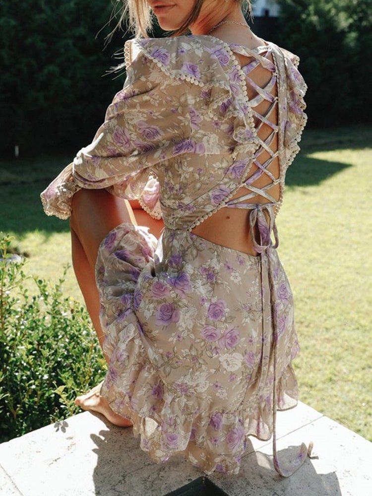 Women's Dresses Printed V-Neck Long-Sleeve Open-Back Lace-Up Dress - Mini Dresses - Instastyled | Online Fashion Free Shipping Clothing, Dresses, Tops, Shoes - 11/02/2022 - 40-50 - color-multi