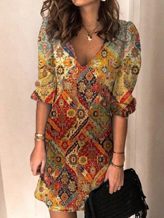 Women's Dresses Printed V-Neck Mid-Sleeve Casual Comfort Dress - Mini Dresses - Instastyled | Online Fashion Free Shipping Clothing, Dresses, Tops, Shoes - 15/02/2022 - 30-40 - Casual Dresses